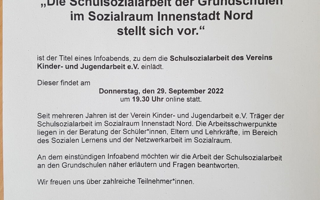 Aktuelles aus der Schulsozialarbeit: Online-Elternabend 29.09.22 Vorstellung der Schulsozialarbeit