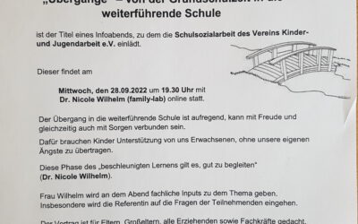 Aktuelles aus der Schulsozialarbeit: Online-Elternabend 28.09.22 Thema: Übergänge
